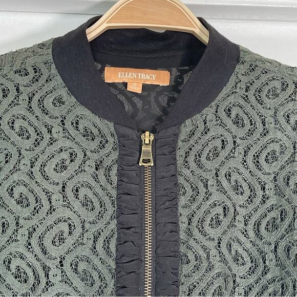 ELLEN TRACY ~ Khaki Green Lace over Black Zipper-Front Jacket ~ Size S - Picture 4 of 9